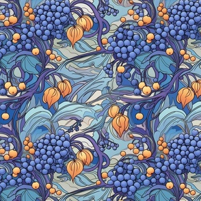 art nouveau blueberries of japanese fruit in blue purple and gold orange