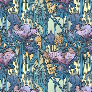 art nouveau japanese lotus in the spring garden of purple gold and green