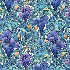 art nouveau  japanese iris profusion of purple blue blooms