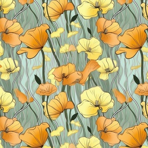 art nouveau buttercups of gold orange and yellow green