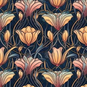 art nouveau tulip lotus elegance in peach pink and gold blue