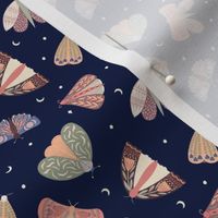 small scale Folk style moths at night scattered with stars on midnight blue