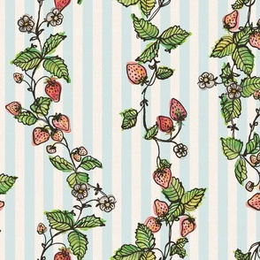 Winding Strawberry Vines in Watercolor - Stripy back ground Baby Blue Offwhite