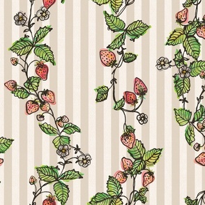 Winding Strawberry Vines in Watercolor - Stripy back ground Beige Offwhite