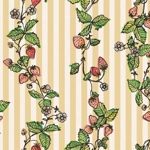 Winding Strawberry Vines in Watercolor - Stripy back ground Yellow Offwhite