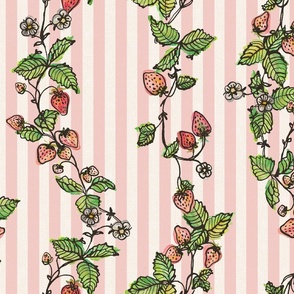 Winding Strawberry Vines in Watercolor - Stripy back ground Old pink offwhite