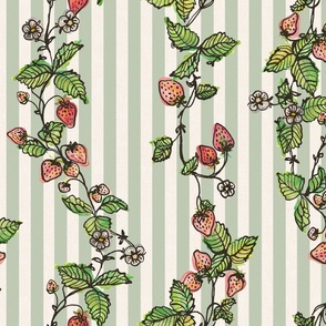 Winding Strawberry Vines in Watercolor - Stripy back ground Green offwhite
