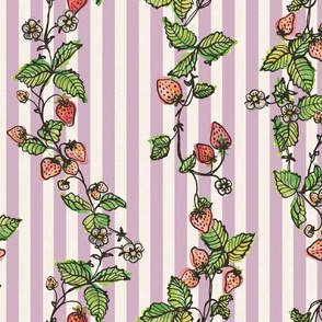 Winding Strawberry Vines in Watercolor - Stripy back ground lilac offwhite