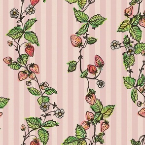 Winding Strawberry Vines in Watercolor - Stripy back ground Old Pink Old Pink2