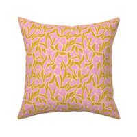 Bold modern flowers with abstract leaf shapes in pink and olive green - Small scale