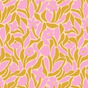 Bold modern flowers with abstract leaf shapes in pink and olive green - Small scale