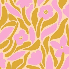 Bold modern flowers with abstract leaf shapes in pink and olive green - Medium scale