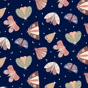  Folk style moths at night scattered with stars on midnight blue