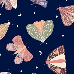 Large Scale  Folk style moths at night scattered with stars on midnight blue