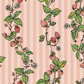 Winding Strawberry Vines in Watercolor - Stripy back ground Peach Peach