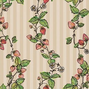 Winding Strawberry Vines in Watercolor - Stripy back ground Beige beige