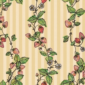 Winding Strawberry Vines in Watercolor - Stripy back ground Yellow yellow