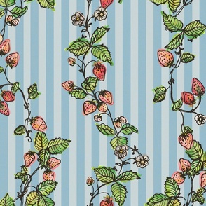 Winding Strawberry Vines in Watercolor - Stripy back ground Blue Blue