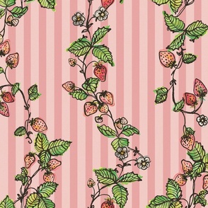 Winding Strawberry Vines in Watercolor - Stripy back ground Pink Pink