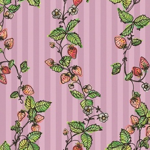Winding Strawberry Vines in Watercolor - Stripy back ground Lilac Lilac