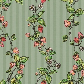 Winding Strawberry Vines in Watercolor - Stripy back ground Green Green