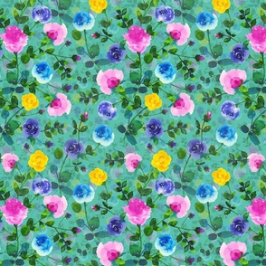 Hand-Painted Watercolor Colorful Vivid Rose Garden green background small