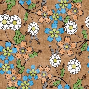 Retro floral pattern. White, orange, blue flowers on a light brown background.