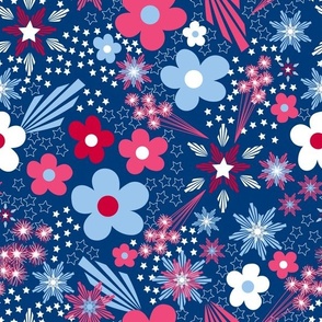 Medium Fourth of July Floral and stars on old glory blue, USA patriotic, red, white, and blue