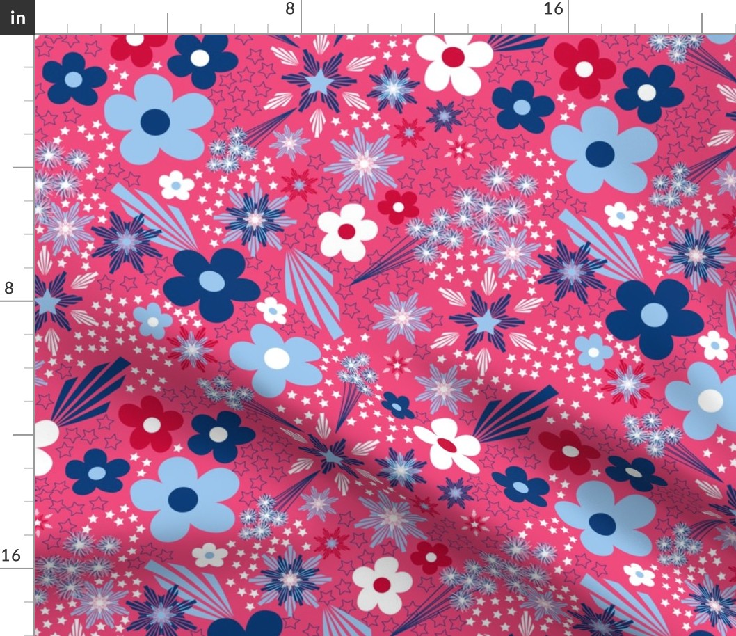 Medium Fourth of July Floral and stars on old glory red, USA patriotic, red, white, and blue