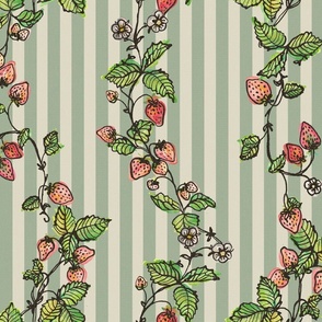 Winding Strawberry Vines in Watercolor - Stripy back ground Light Green Green