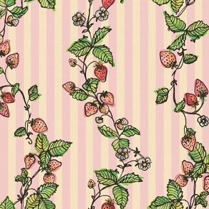 Winding Strawberry Vines in Watercolor - Stripy back ground Light pink and yellow