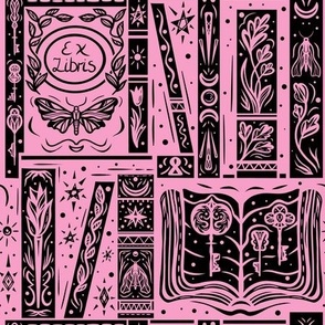 Whimsical books. Pink and black library with moths and keys