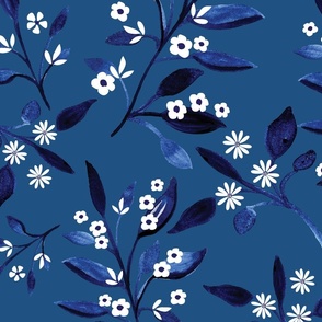 Watercolour Indigo Branches with White Flowers on teal Blue