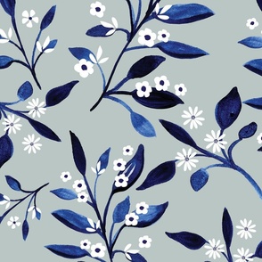 Watercolour Indigo Branches with White Flowers on Duck Egg