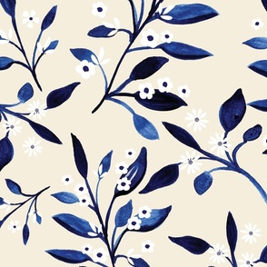 Watercolour Indigo Branches with White Flowers on Off White