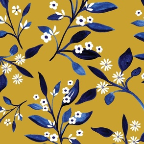 Watercolour Indigo Branches with Flowers on Mustard Yellow