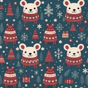 Ugly Sweater Christmas Mice holiday red and blue Festive mouse quilting fabric with  winter mice 