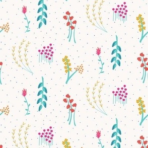 Modern Meadow of Flowers: Dainty Ditsy Floral Coordinate on Cream White with blue dots, medium