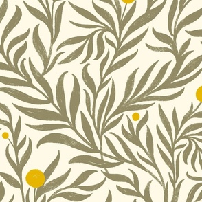Morris Leaves Olive Green with Mustard Yellow on Cream