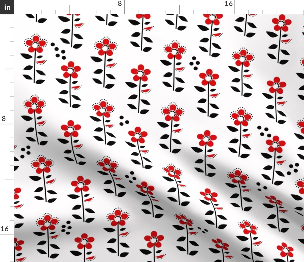 red flowers with black leaves on a white background