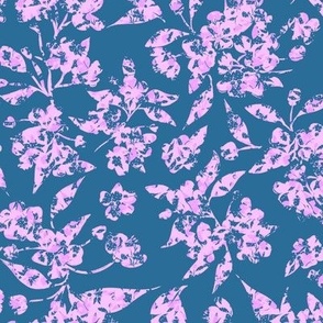 textural, abstract floral in lilac, and inky blue, teal blue, deep blue