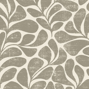 Tranquil - big textured and modern block print leaves - deep muted green grey and cream - large