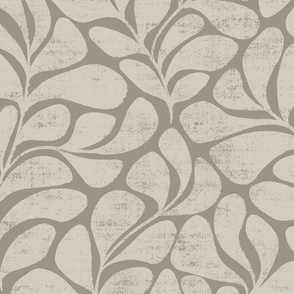 Tranquil - big textured and modern block print leaves - sand tan and sage green grey - large