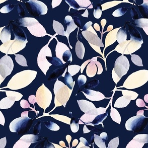 Watercolour Purple Coral and Indigo Leaves on Navy Blue