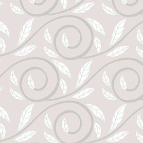 MEDIUM Delicate Hand-drawn Organic Pale Pastel Grey Pink and White Decorative Curliecue Leaves