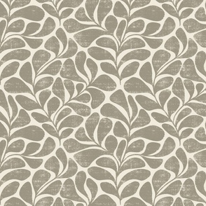 Tranquil - big textured and modern block print leaves - deep muted green grey and cream - medium