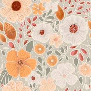 (L) Hand drawn flowers in peach, terracotta, creme and sage green, natural feel. 