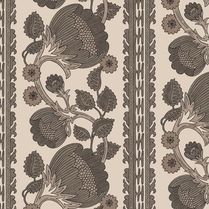 Grandmillennial neutral moody trailing floral and leaves stripe in shades of brown on an off white / cream background