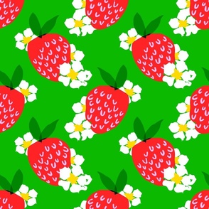 Strawberry Squared Grass Green Mini Summer Fruit And Flowers Retro Modern Grandmillennial Garden Floral Botany Red, Green, Yellow And White Scandi Kitchen Repeat Pattern