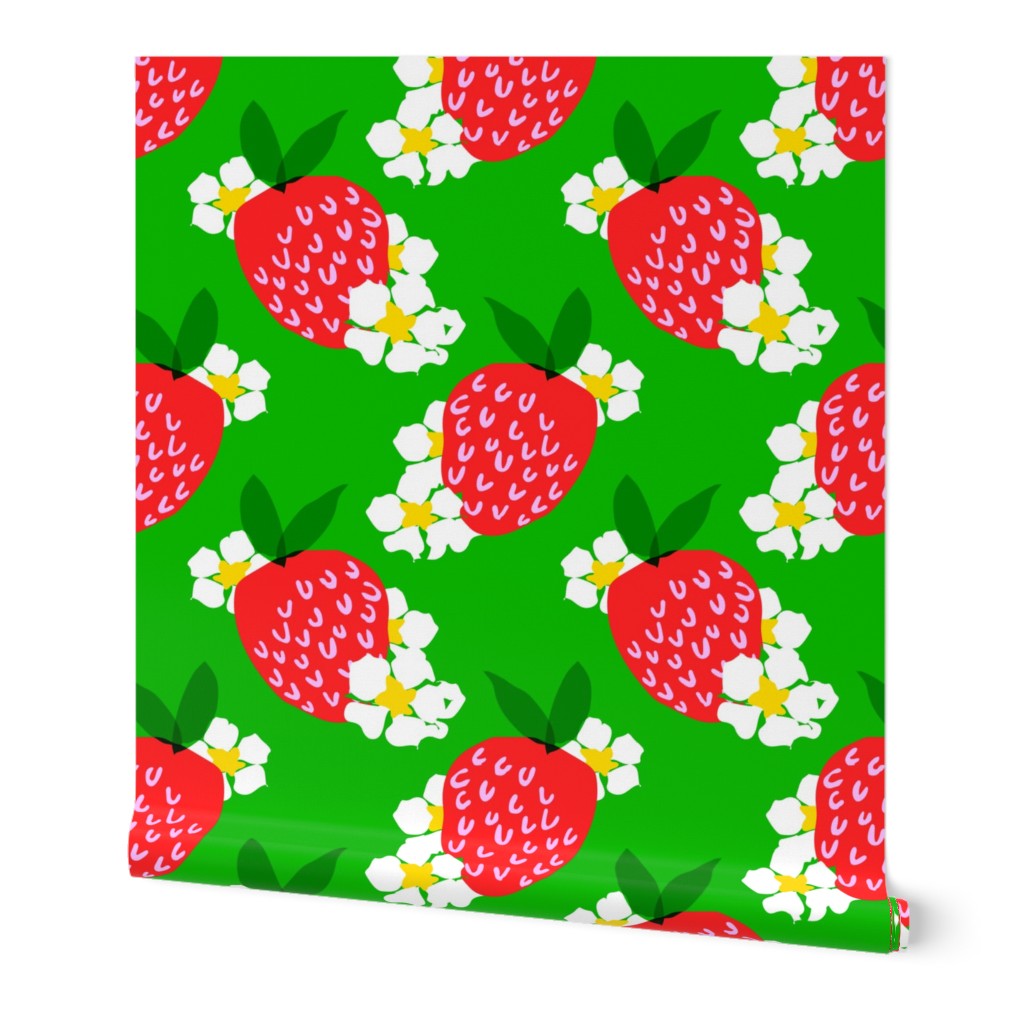 Strawberry Squared Grass Green Summer Fruit And Flowers Retro Modern Grandmillennial Garden Floral Botany Red, Green, Yellow And White Scandi Kitchen Repeat Pattern